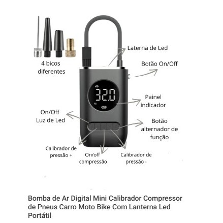 Bomba de Ar Digital Mini Calibrador Compressor de Pneus Carro Moto Bike Com Lanterna Led Portátil