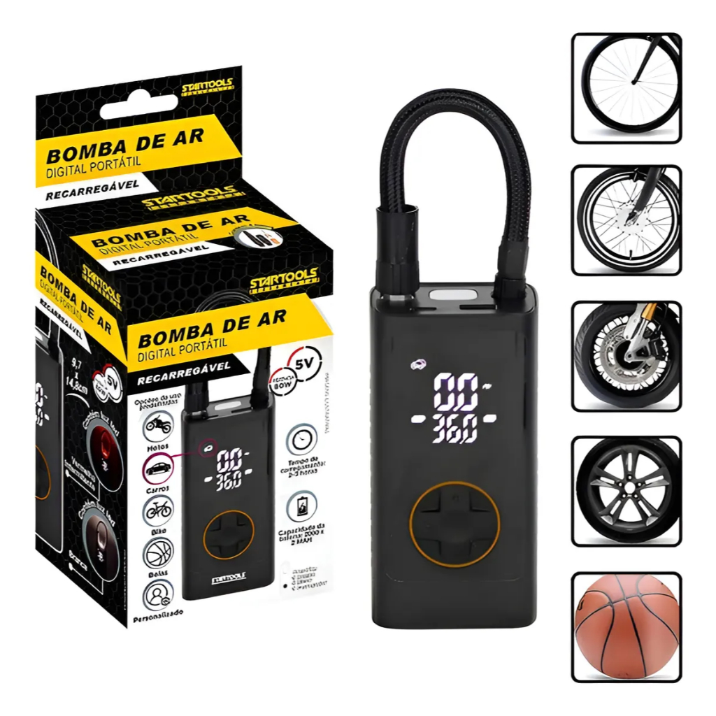 Mini Compressor Bomba de Ar Digital Portátil Recarregável 80W Com LED e Visor Calibrador Pneu