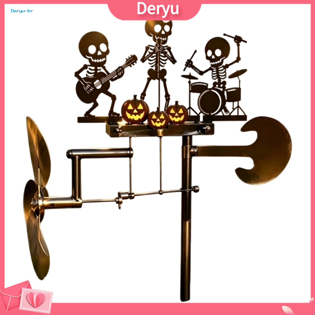 Halloween Wind Spinner Rotating Metal Stake Handmade Skeleton Rock Trio Unique Garden Sculpture Musical Skull Windmill A