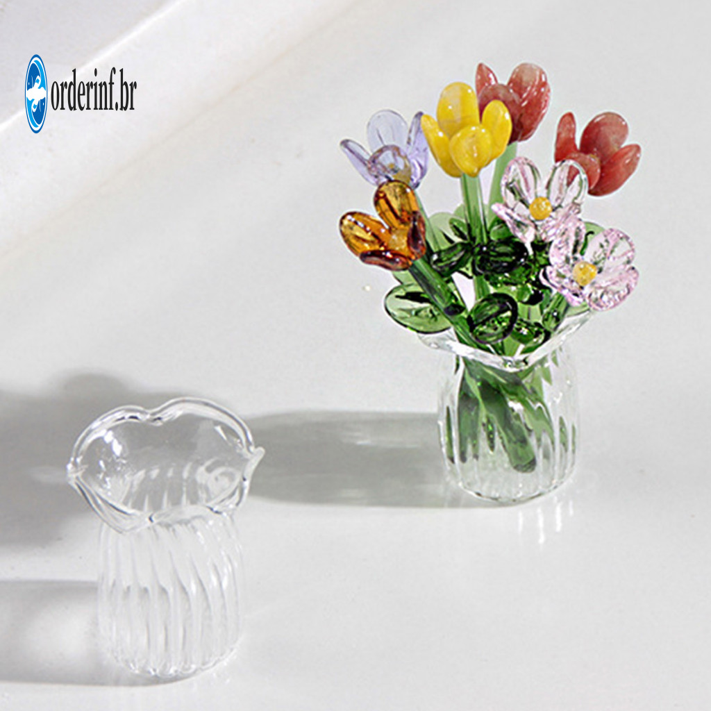 Glass Blossom Sculpture Small Flower Ornament Hand-blown Bouquet with Vase – Mini Handmade Floral Decoration Realistic