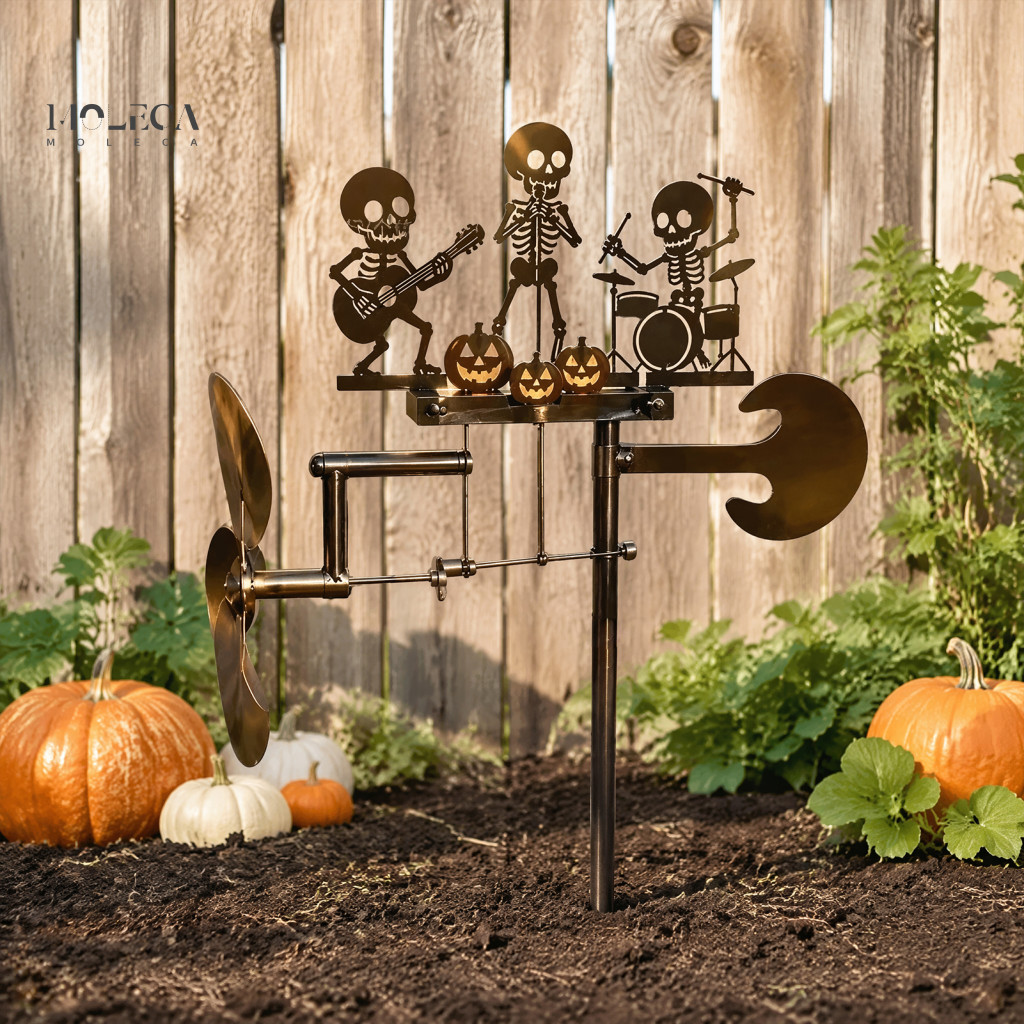 Halloween Wind Spinner Spooky Garden Statue Handmade Skeleton Rock Trio Metal Unique Sculpture Musical Skull Windmill Ar