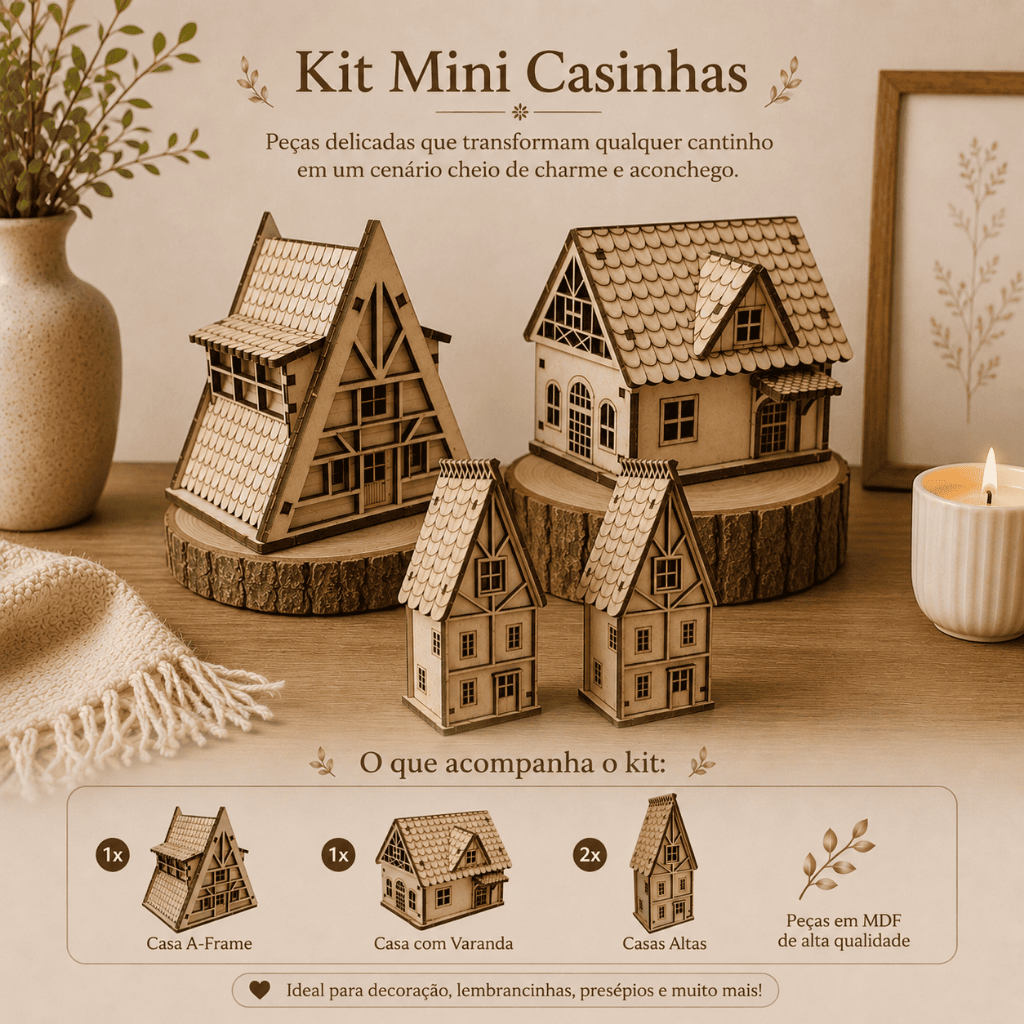 Kit com 4 Mini Casas em MDF Cru 16x6,3cm – Casinhas Decorativas para Artesanato, Maquete e Presépio