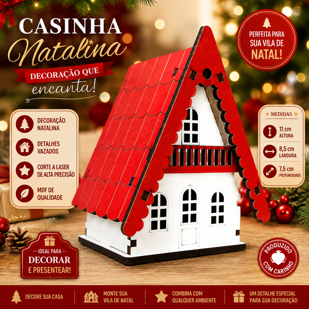 Kit com 3 Casinha MDF Decorativa Natalina Chalé Mini Vila de Natal
