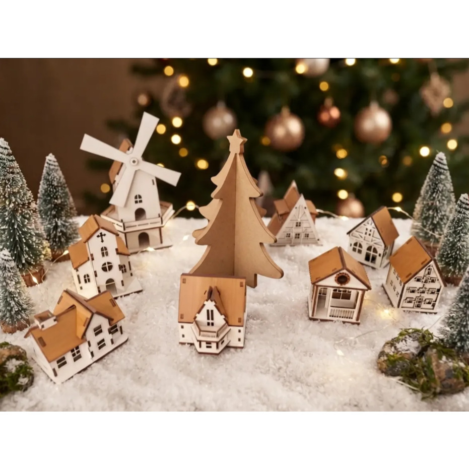 Kit 9 casinha vila natalina com moinho arvore de natal em mdf para decoração natalina maquete escolar igreja casa