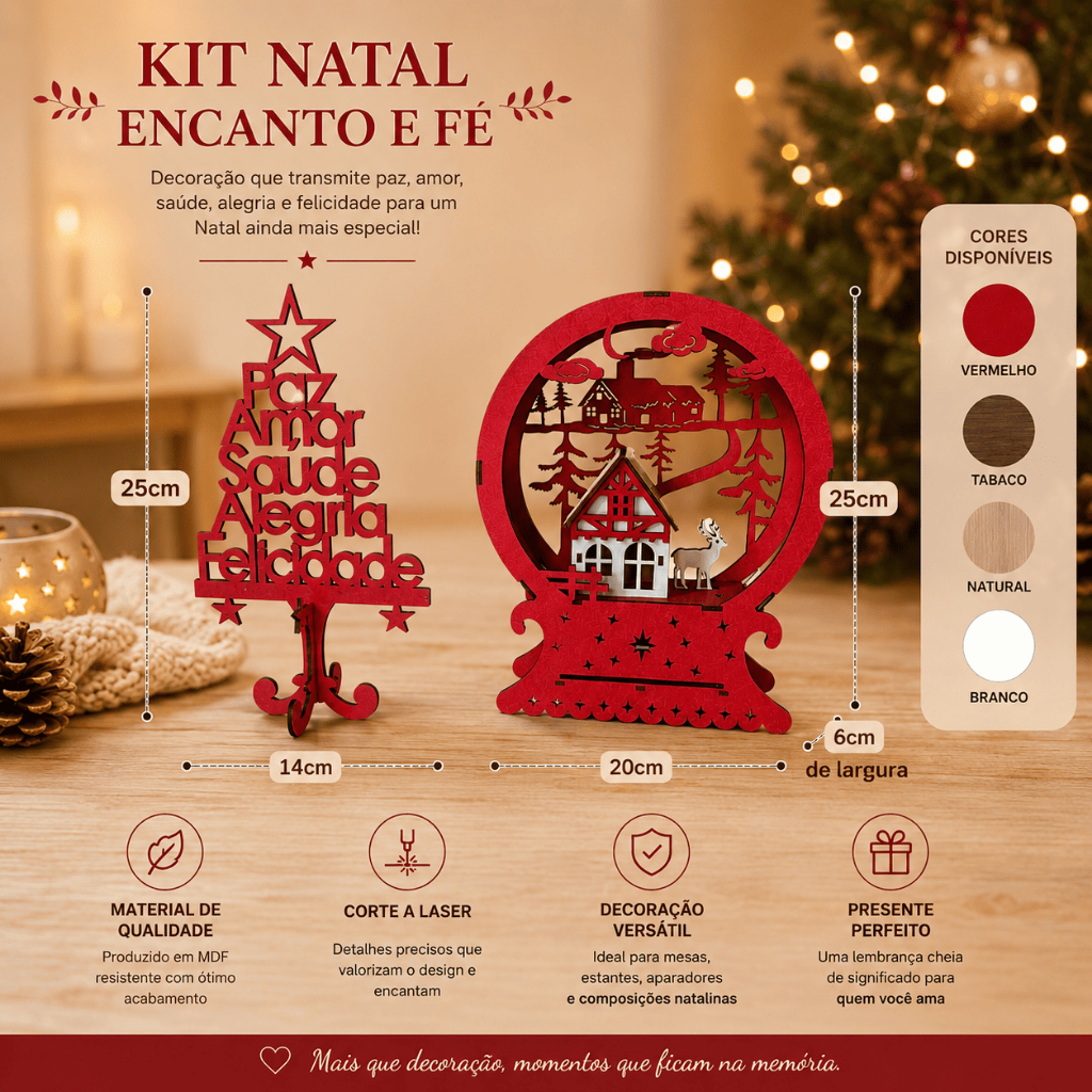 Kit Enfeites Natalinos MDF Árvore com Frases e Casinha Decorativa Branco/Vermelho e Marrom/Caramelo