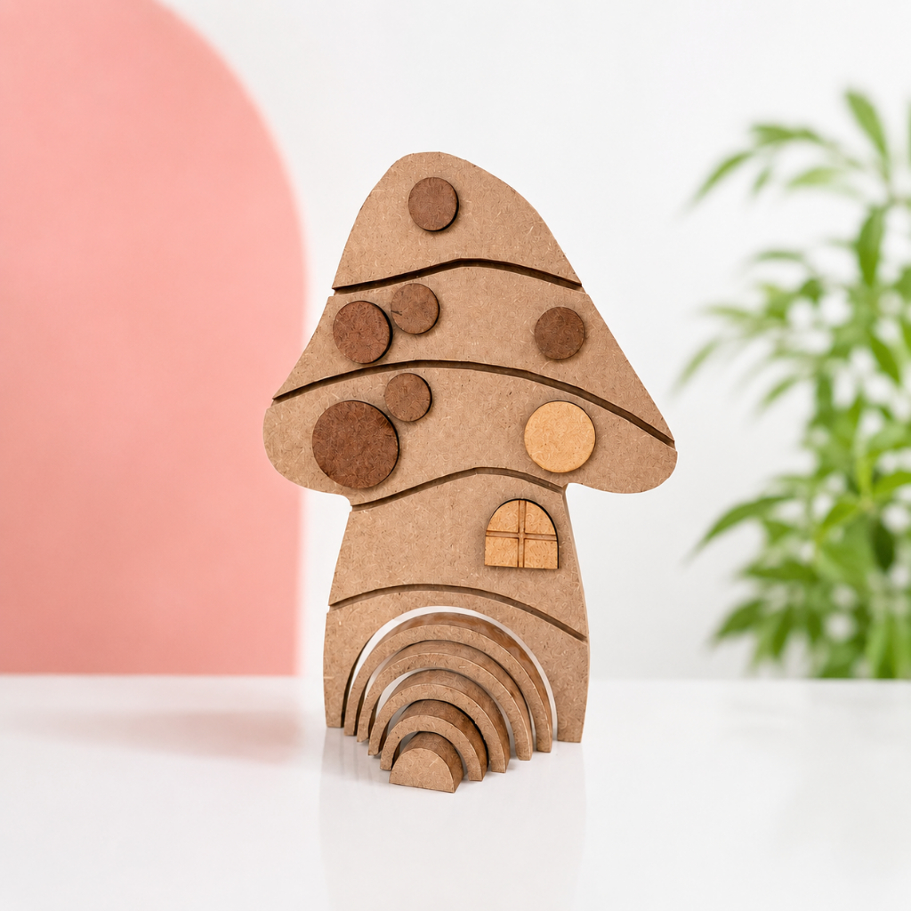 Casa Cogumelo Arco-Íris MDF 15mm com Apliques 3mm Bosque Encantado Quarto Infantil