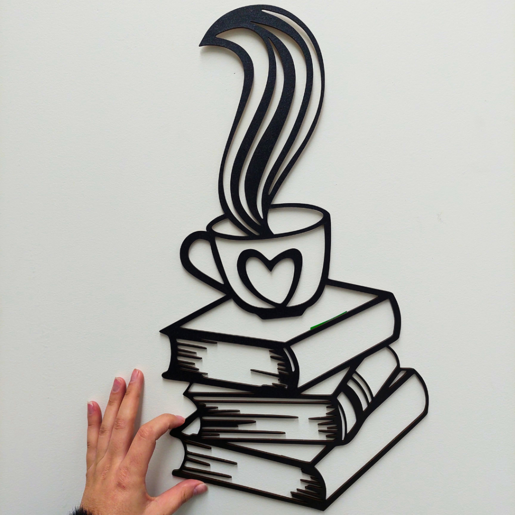 Quadro Decorativo Amor Café e Livros Aplique De Parede Vazado  Madeira Mdf 3mm