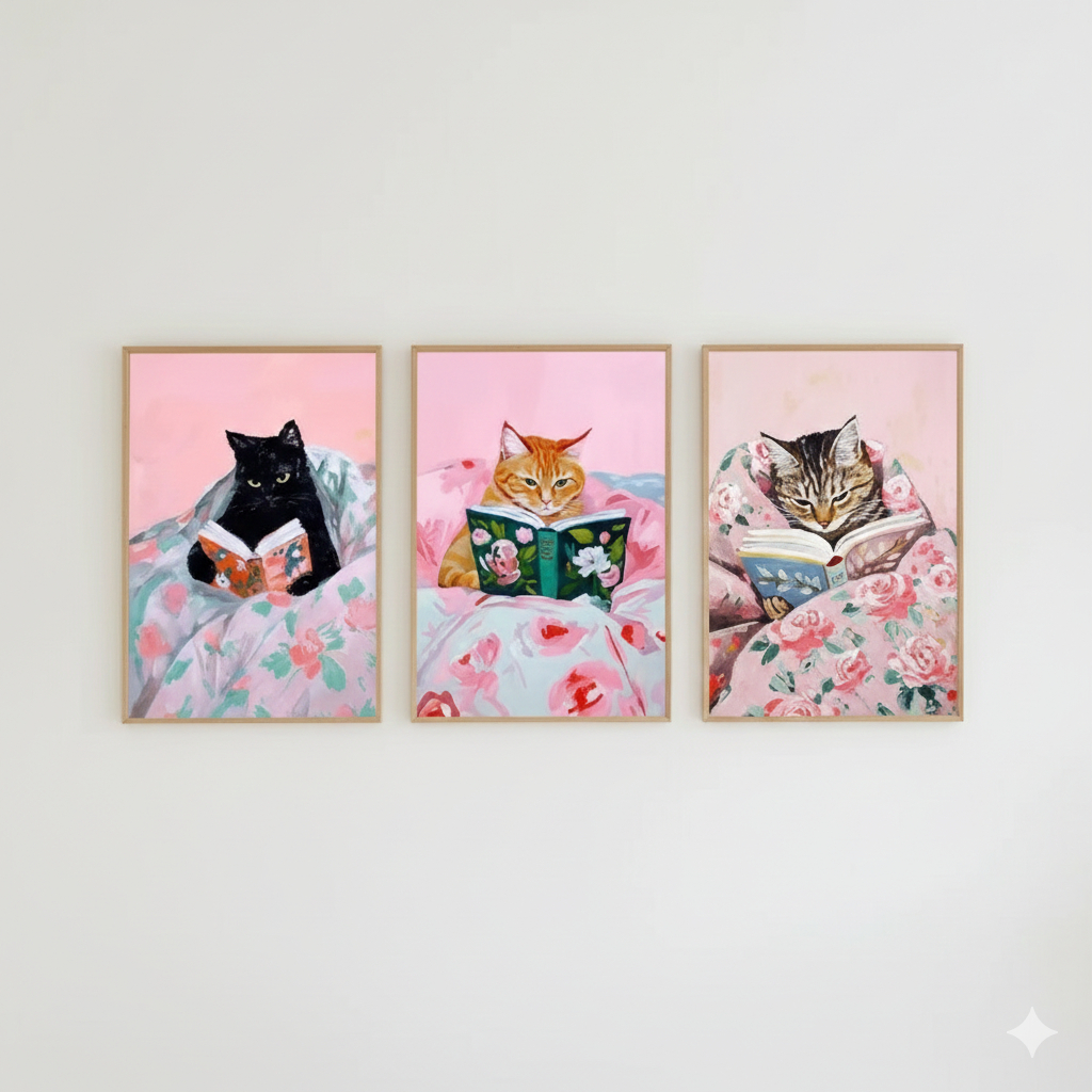 Quadros decorativos Engraçado gato malhado leitura livros arte (3 peças)