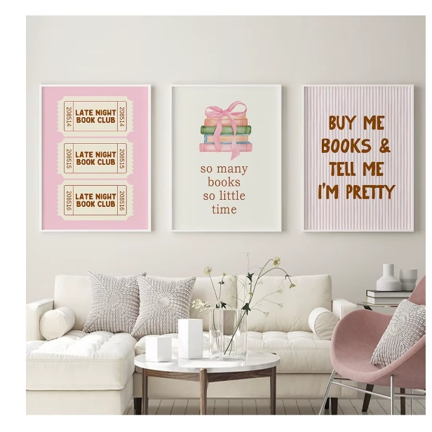 Quadros decorativos Livros estética rosa (3 peças)