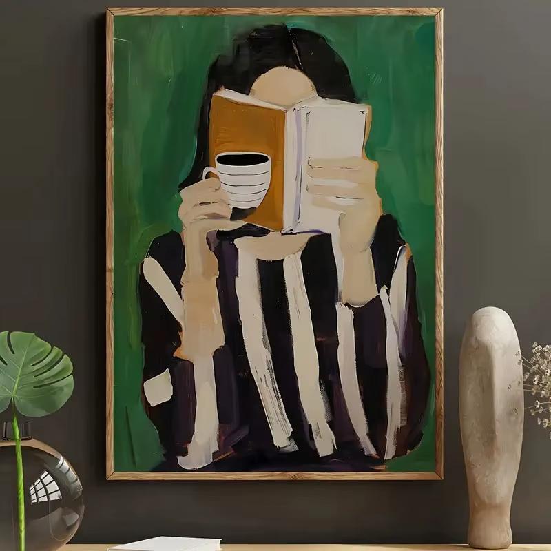 Quadro decorativo artístico mulher com livro e xícara minimalista (1 peça)