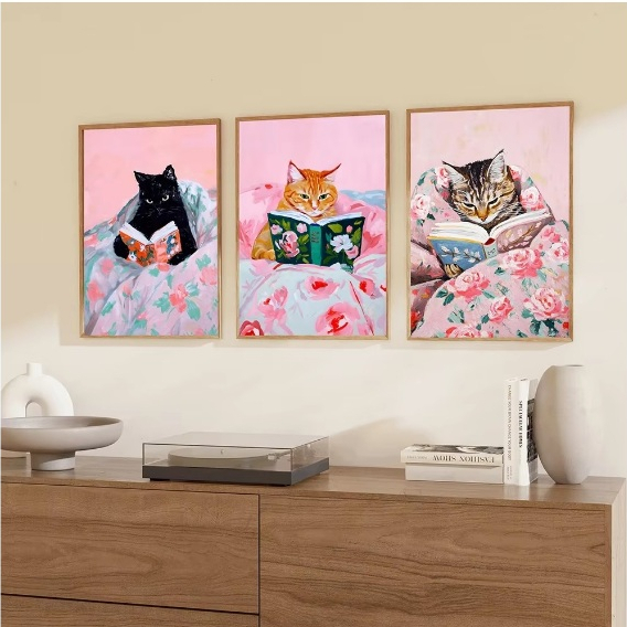 Quadros decorativos Engraçado gato malhado leitura livros (3 peças) 30x40