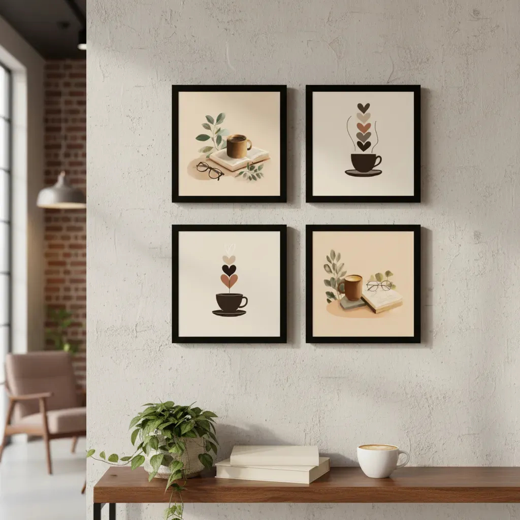 Quadros Decorativos Kit 4 Peças Café Cantina Livro Óculos Coração Sala Quarto Cozinha