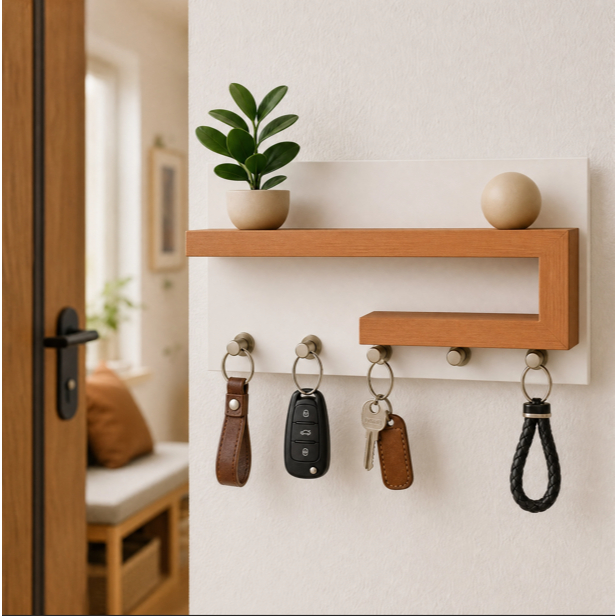 Porta Chaves Organizador com Prateleira Decorativa – Design Moderno em MDF | Branco + Freijó | Freijó + Branco | Branco