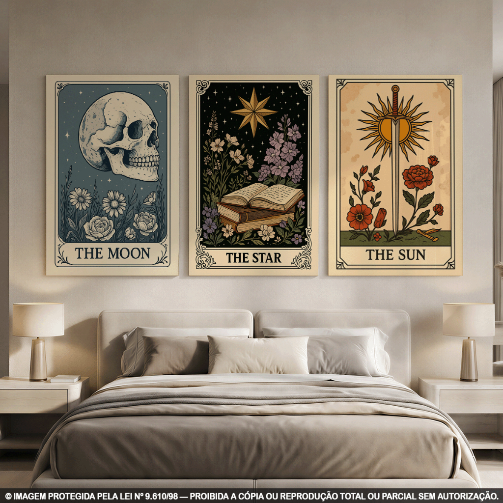 Kit 3 Quadros Decorativos Tarot Místico Caveira, Livro e Espada | Lua, Estrela e Sol | Decoração Esotérica Vintage