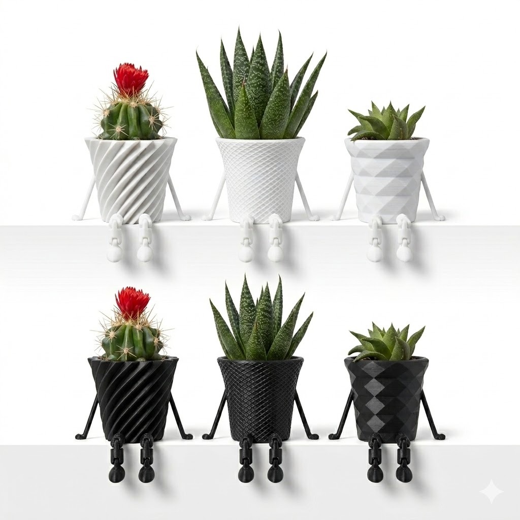 Kit 3 Vasos Bob Plants Perninha Articuladas Para Suculentas e Plantas - Trio Decorativo Diversas Cores