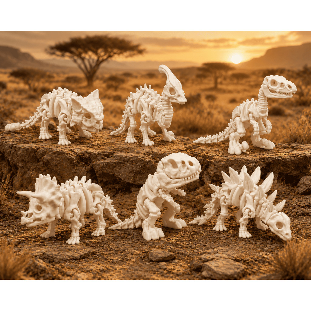 Kit 6 Dinossauros Esqueletos Articulado Flexíveis Brinquedo Decorativo Infantil T-Rex, Triceratops, Velociraptor mais