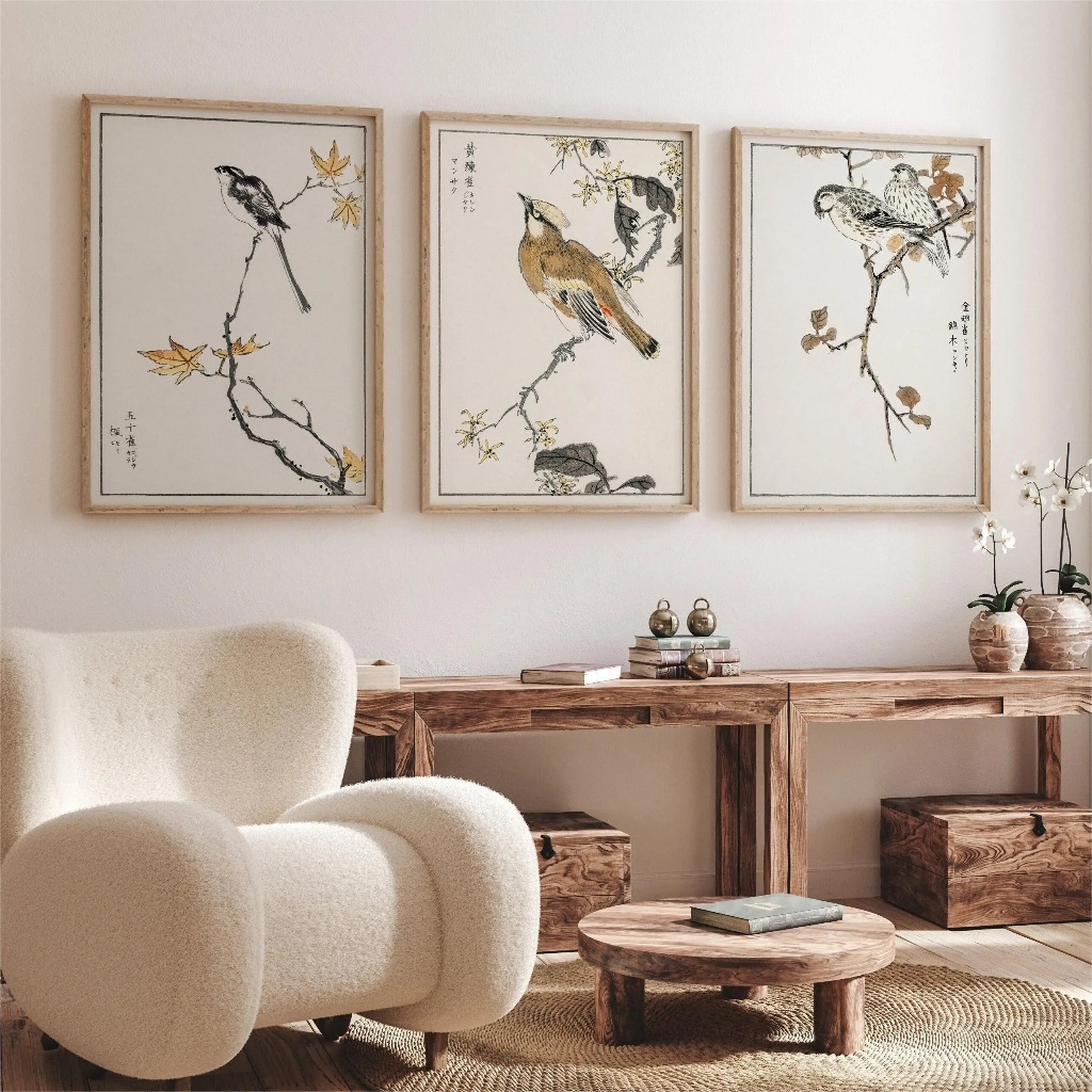 Quadros decorativos Estilo japonês Pássaro Canvas Impressões, Vintage Pássaros em Ramos (3 peças)
