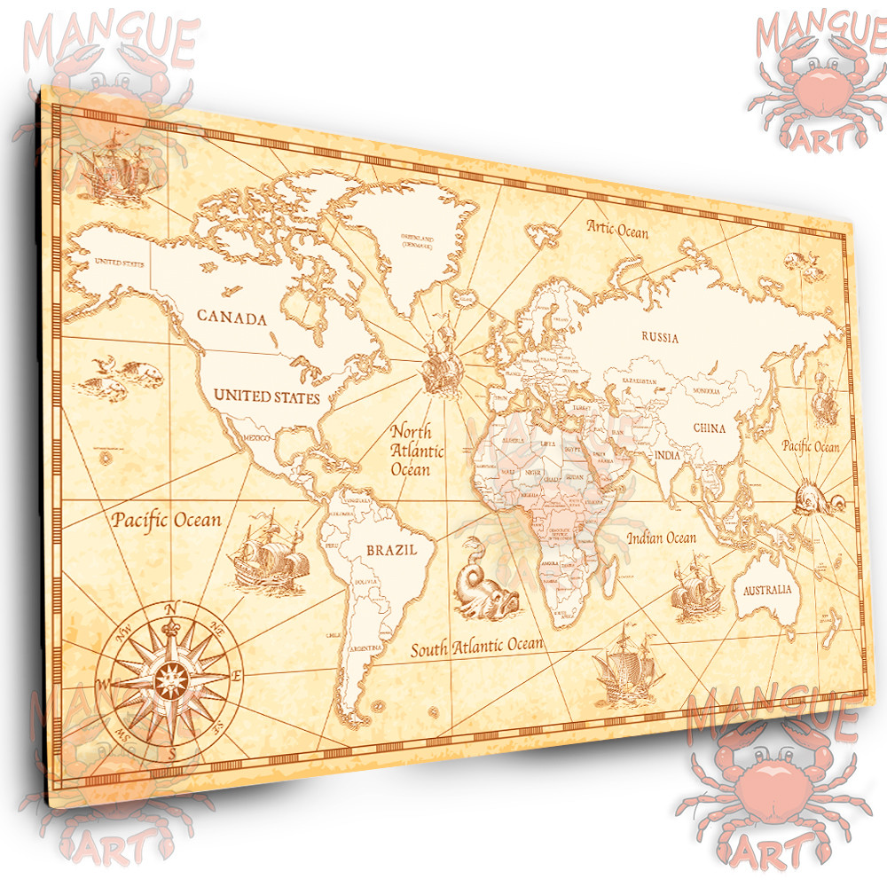 Quadro Decorativo Mapa Mundi Vintage - Impressão em Tela Canvas, Pronto para Pendurar