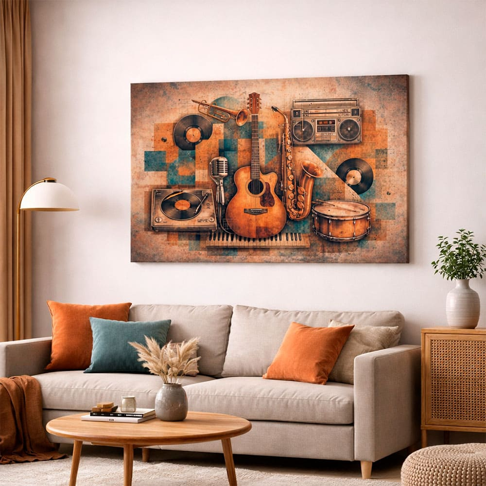 Quadro Decorativo Música Instrumentos Vintage Guitarra Saxofone Vinil Retrô Sala Estúdio Canvas
