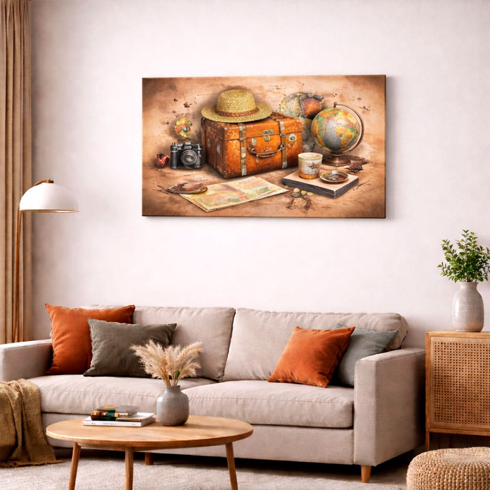 Quadro Decorativo Viagem Vintage Mala Mapa Mundo Câmera Aventura Retrô Sala Canvas