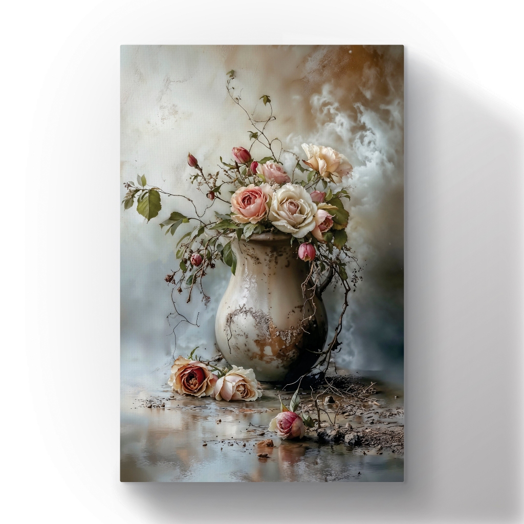 Quadro Canvas Decorativo Vaso Floral Branco em Estilo Vintage 90x60cm
