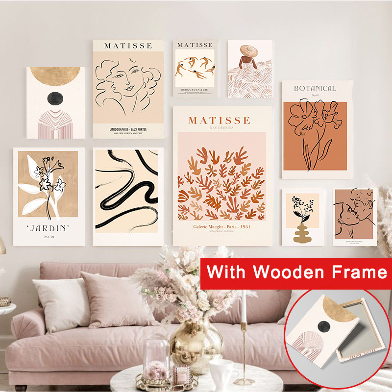 (Com Moldura) Matisse Boho Botanical Line Canvas Wall Art Neutro Bege Galeria Vintage Impressões Em Tela Figura Abstrata