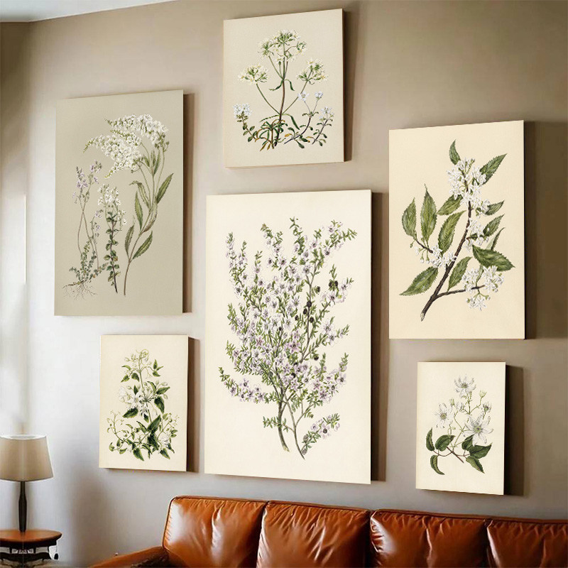 (Com Moldura) Bege Vintage Cluster Branco Flores Silvestres Botanical Canvas Poster Antigo Floral Folha Impressões Em Te