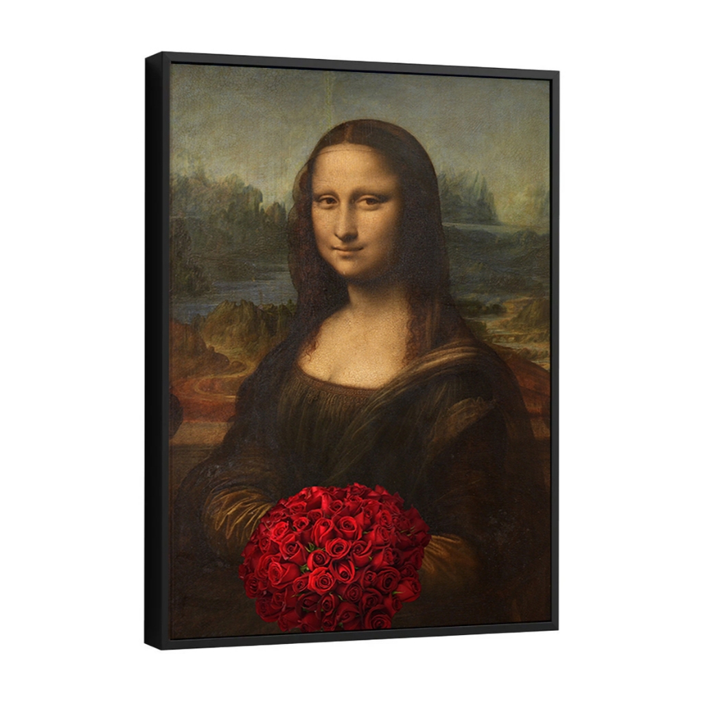 Quadro Decorativo Monalisa Com flores Roas Vermelhas Vintage Canvas