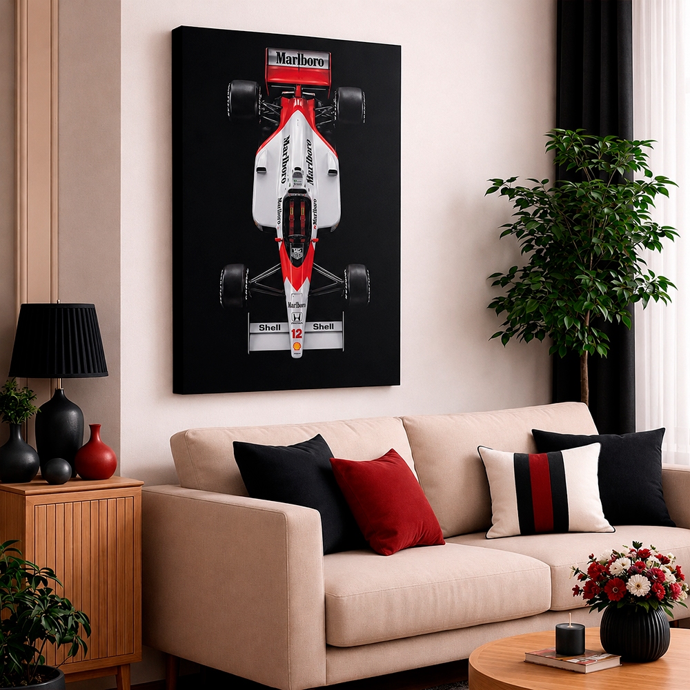Quadro Decorativo Carro de Corrida Retrô F1 Vermelho e Branco Canvas Vintage Automobilismo