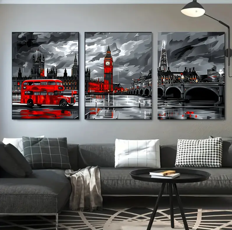 Quadros decorativos Grande180x60cm Conjunto de Arte de Parede Urbana Vintage em Canvas - Conjunto de 3 Peças Retangulares sem Moldura com
