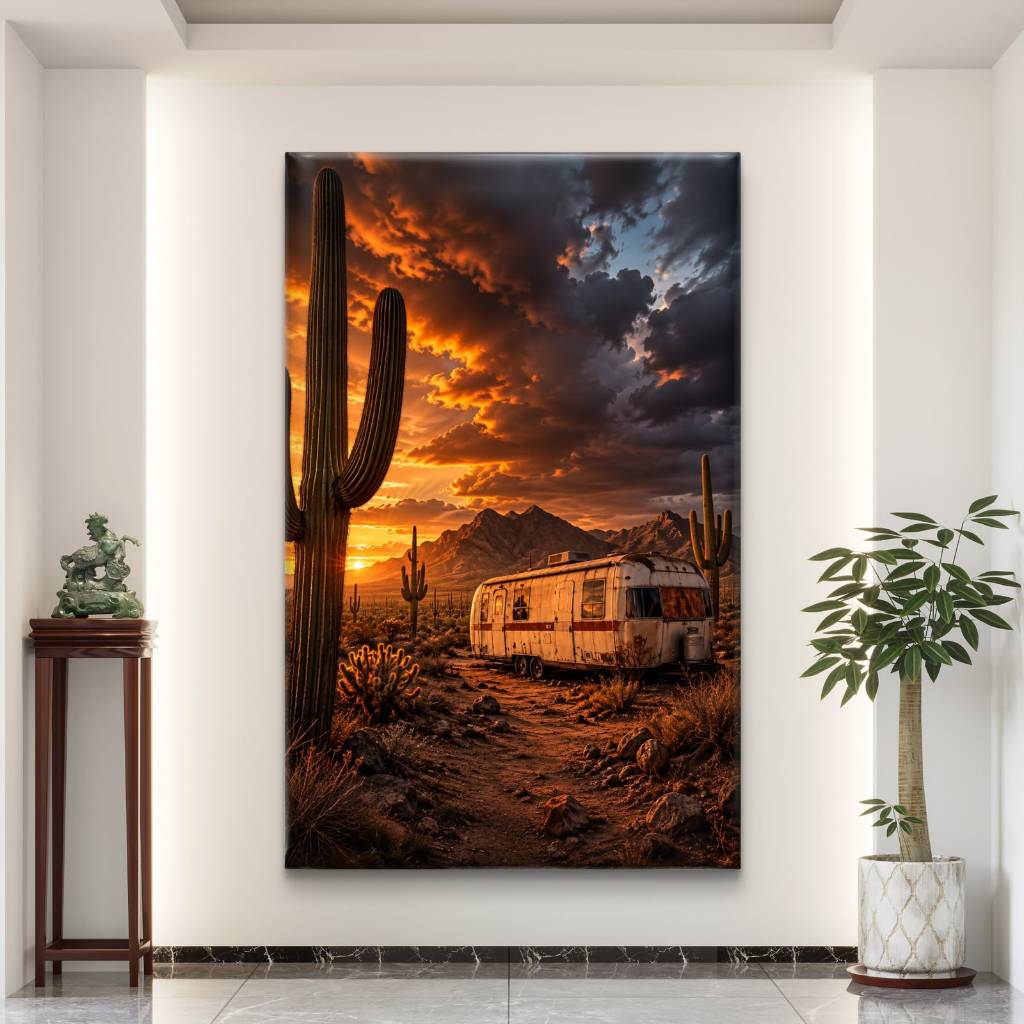 Quadro Decorativo Canvas Grande 110x70 Deserto com Cactos Trailer Vintage Pôr do Sol