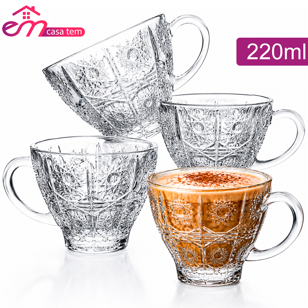 Jogo 3 Xícaras Vidro Chá Café Clear Bohemia Relevo Cristal 220ml Elegancia