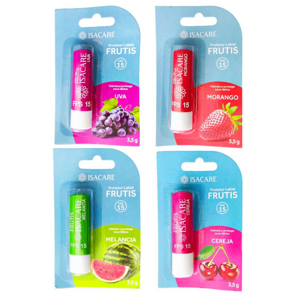 Hidratante Labial Sabor de Frutas Morango Melancia Cereja e Uva fps 15