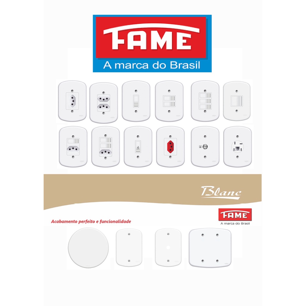 Tomadas 10A teclas placas e interruptores - Fame Blanc - Cor  Branca - Conjunto Tomada 4x2 - Simples ou Paralelo