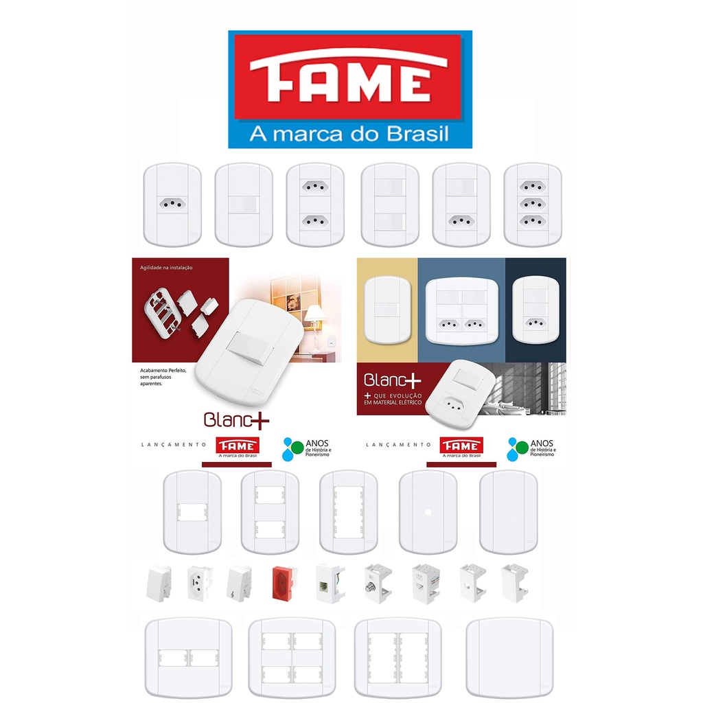 Tomadas 10A teclas placas e interruptores - Fame Linha Blanc+  Cor  Branca-Conjunto Tomada 4x2 - 4x4 Simples ou Paralelo