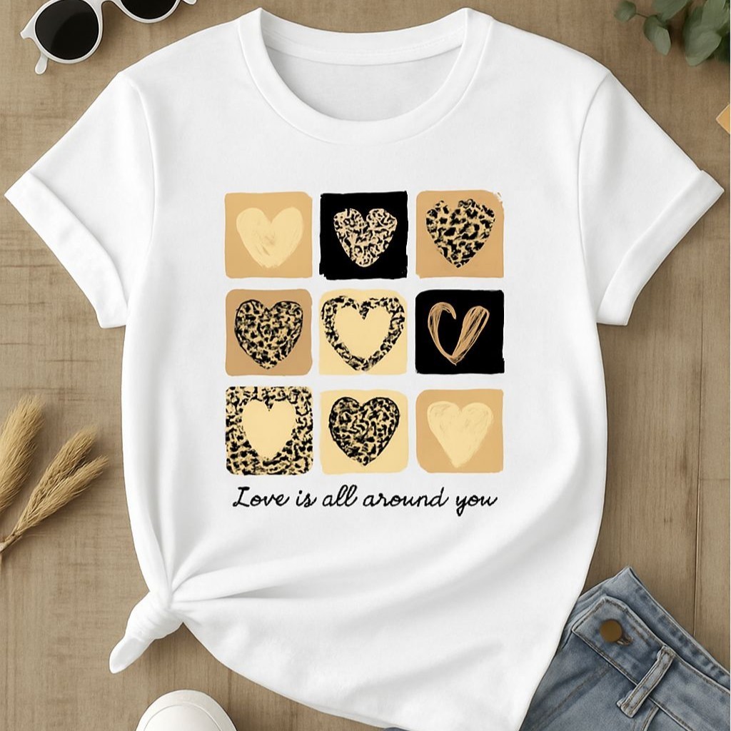 Blusa Feminina Camiseta T-shirt Love Coração Animal Print Tendencia Babylook 100% Algodão