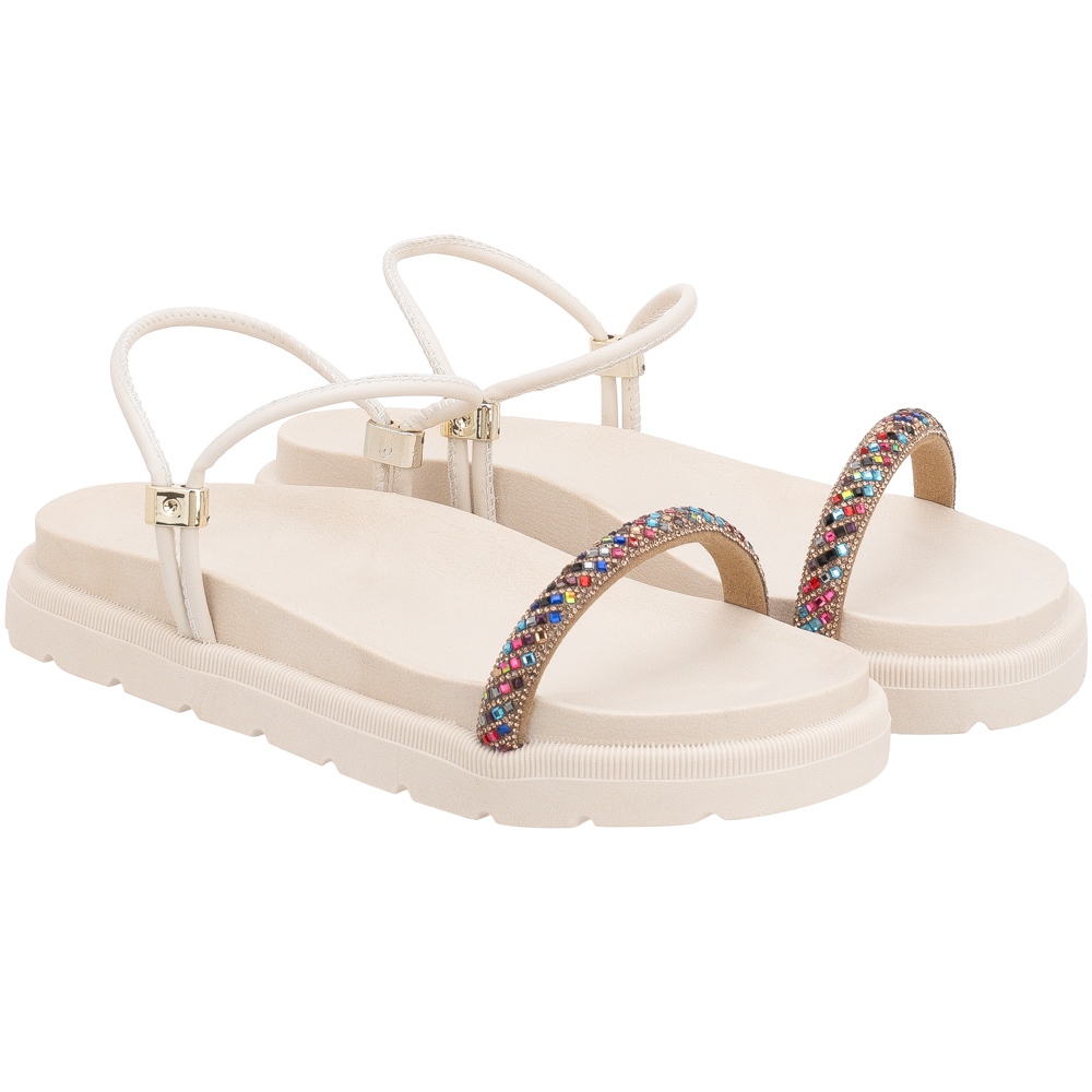 Sandália Feminina Birken Papete Confortável Off-White com Tira em Strass Colorido Ajuste Lateral