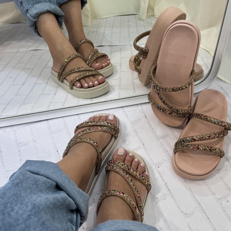 Birken Sandália Conforto Feminina FlatForm Strass Colorido Moderna Leve Macia Tendência