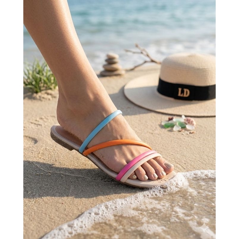 Chinelo rasteira feminina colorida primavera - verão tiras coloridas  Vezzanely Ref;122.023