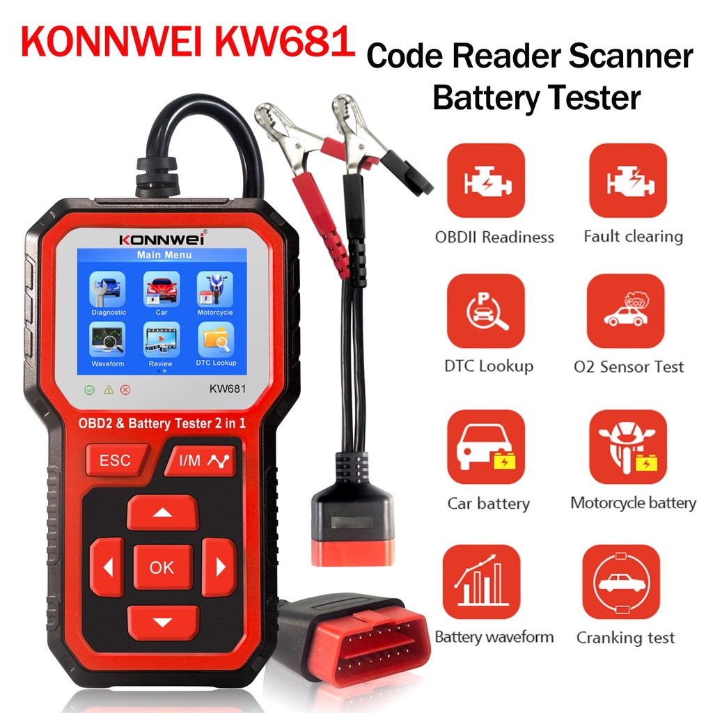 KONNWEI KW681 6V 12V Carro Motocicleta Bateria Testador Ferramenta De Diagnóstico Automático 2 Em 1 2000 CCA Auto OBD2 L