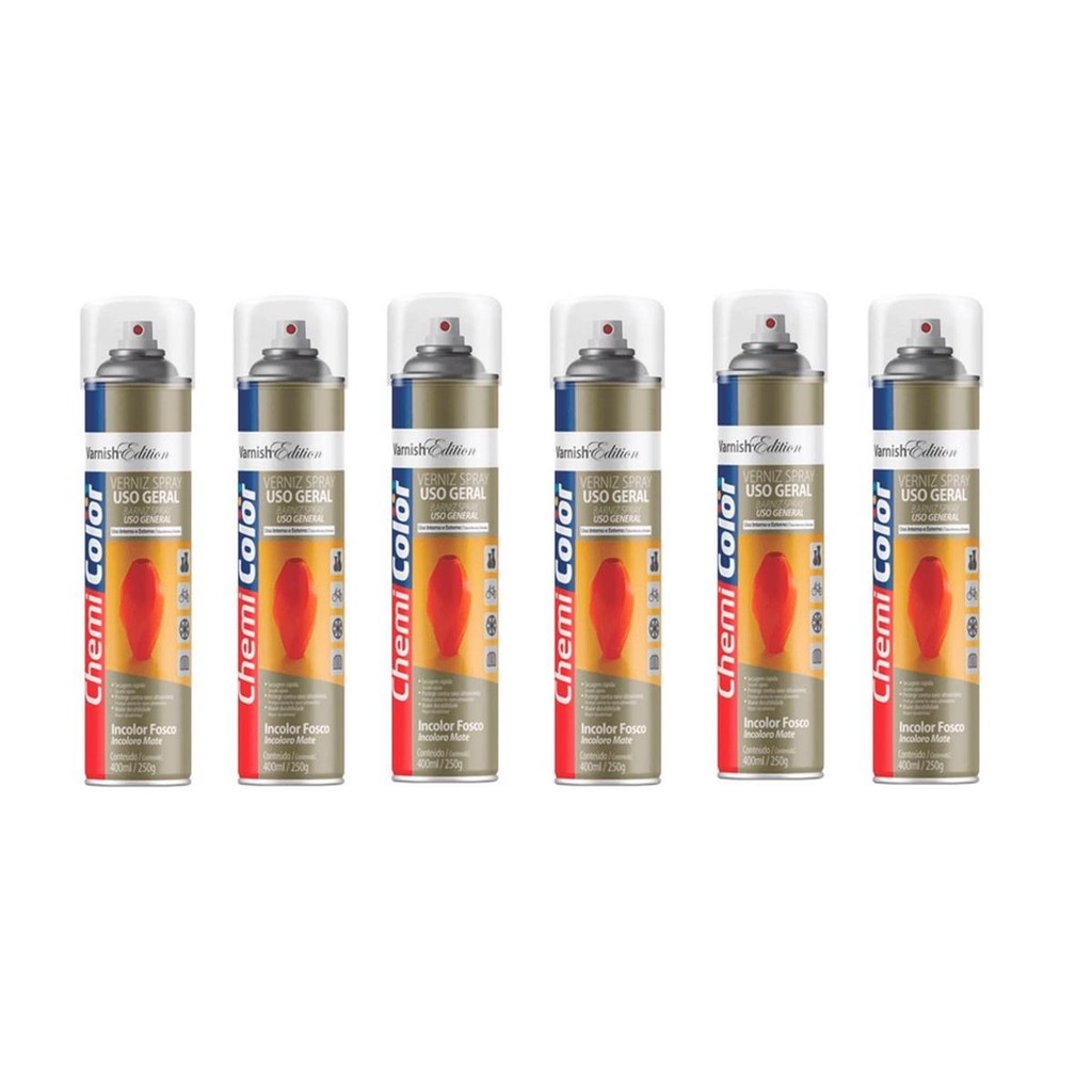 Tinta Spray Verniz Incolor Fosco Uso Geral 400ml Chemicolor Kit 6 Unid