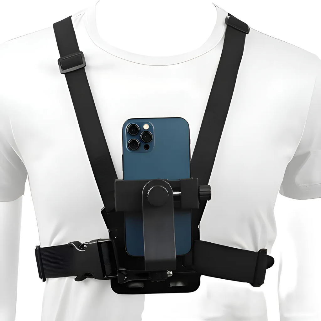 Suporte Peitoral para Celular e GoPro — Cinta Ajustável Compatível com Câmeras e Smartphones