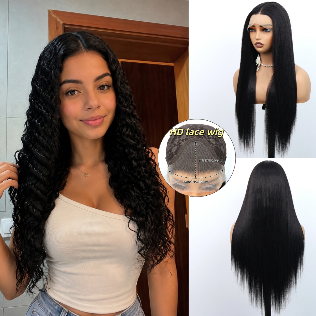 Peruca Frontal De Renda De Onda Corporal Sintética Para Mulheres , Transparente 134 HD , Cabelo Sintético Resistente