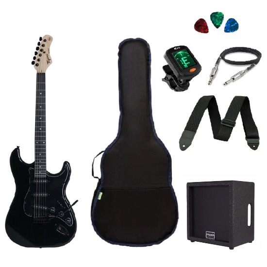 Kit Guitarra Tagima TG500 Strato Preta com Caixa Amplificada