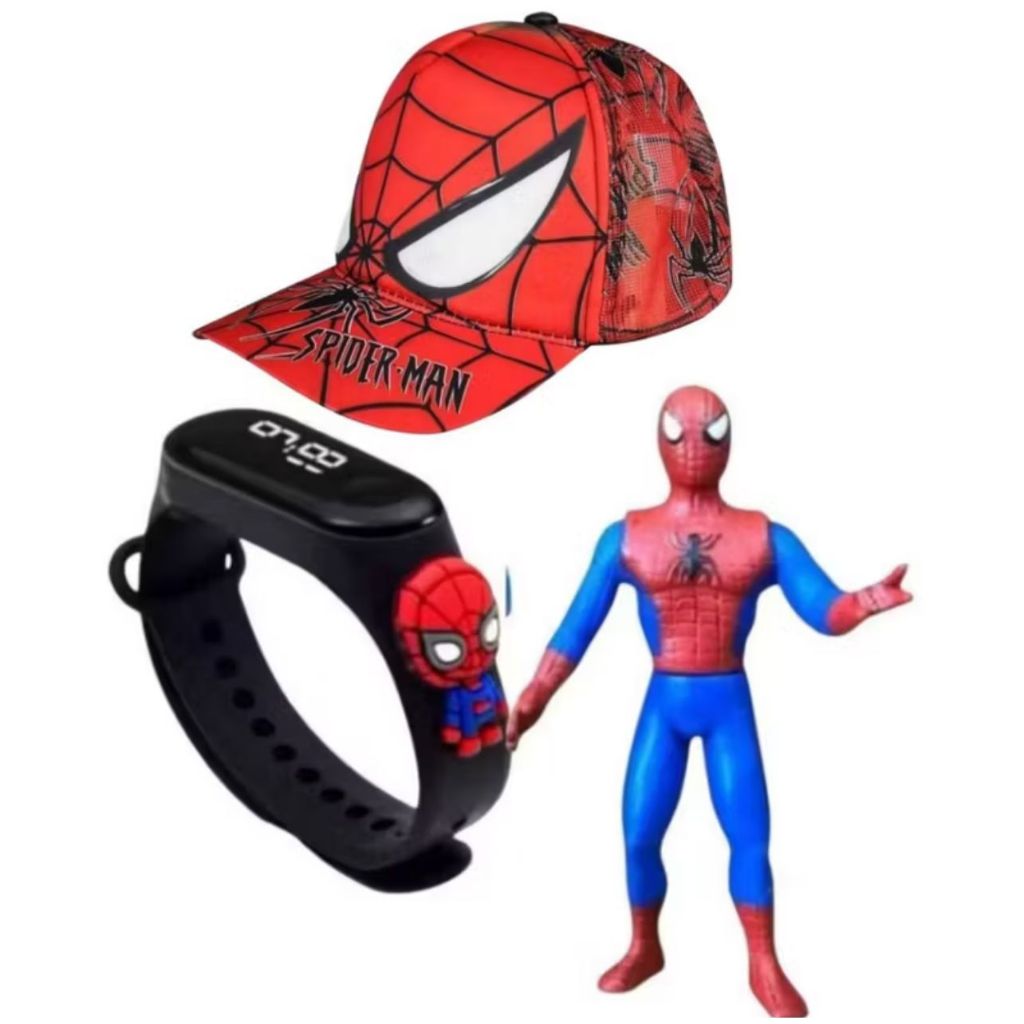 Kit 3 Homem Aranha, Bone + Boneco + Relogio Digital