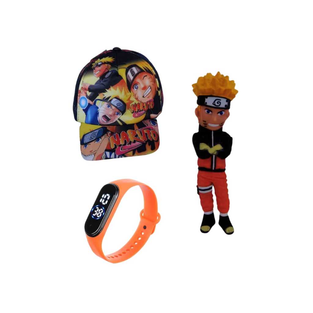 Kit 3, Boneco Naruto + Boné + Relógio Digital