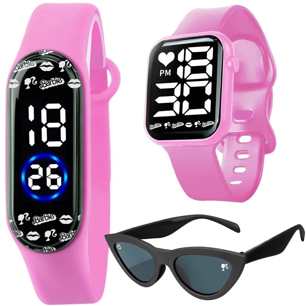 Relógio infantil digital barbie rosa + oculos proteção uv preto proteção uv formato gatinho presente