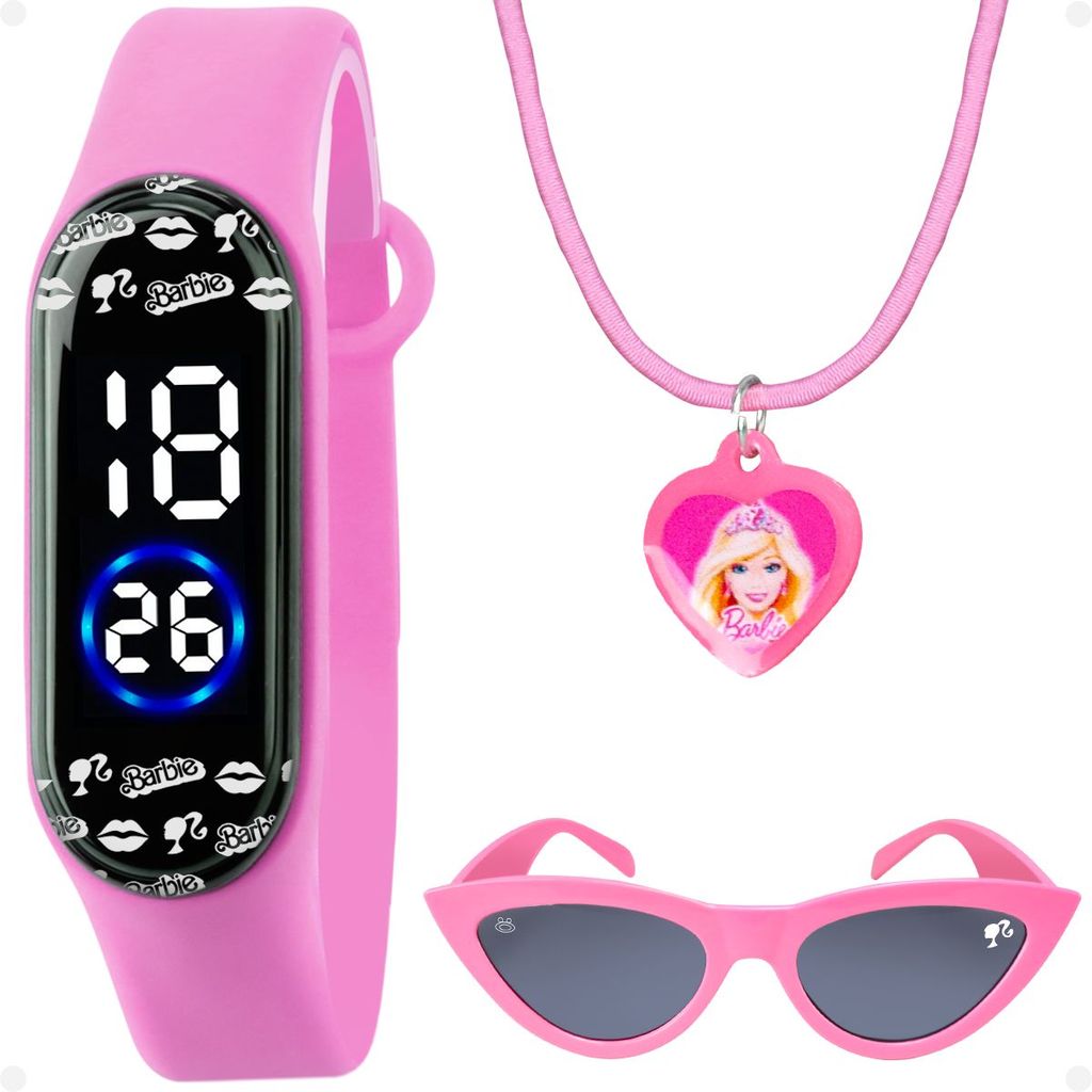 Colar + relogio digital barbie infantil presente rosa criança pulseira ajustavel qualidade premium