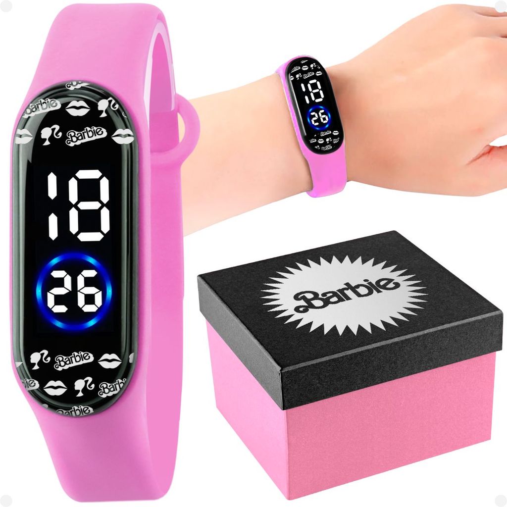 relogio infantil digital rosa prova dagua barbie + caixa silicone ajustavel menina prova dagua pink