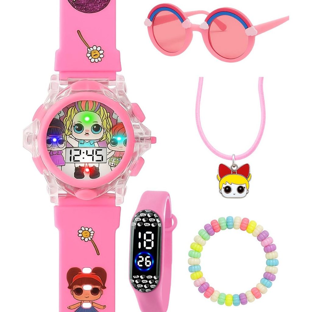 Kit Infantil Relógio Digital Rosa com Óculos, Colar, Pulseira e Brinde Temático Boneca para Menina